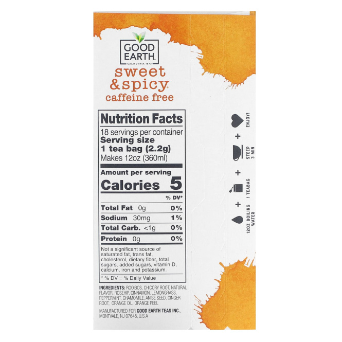 Good Earth Teas, травяной чай, сладкий и пряный, без кофеина, 18 чайных пакетиков, 40,5 г (1,43 унции)