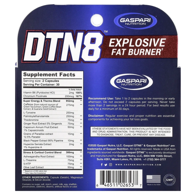 Gaspari Nutrition, DTN8 - Взрывной сжигатель жира 60 капсул