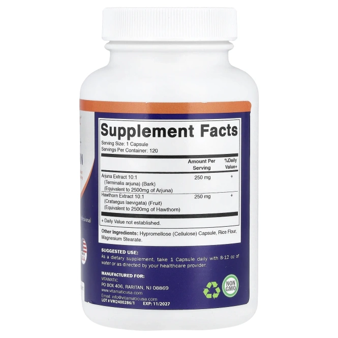 Vitamatic, арджуна и боярышник, 120 растительных капсул