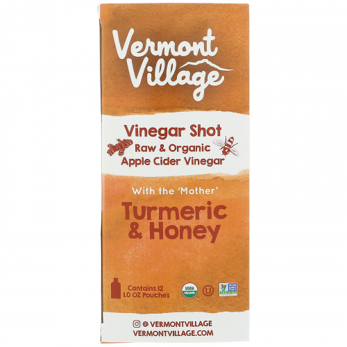 Vermont Village, Органический, шот с яблочным уксусом, куркума и мед, 12 саше, по 28 г каждое