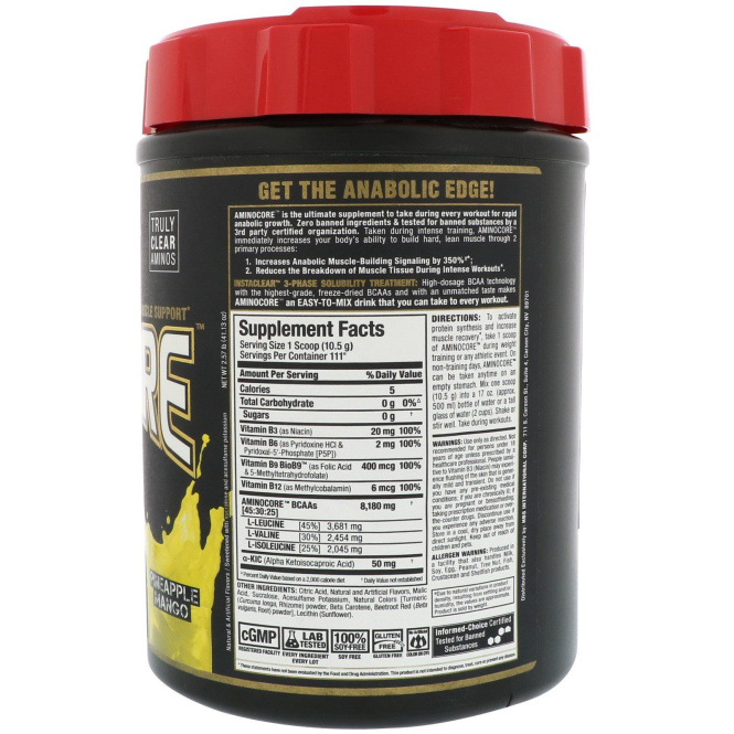 ALLMAX Nutrition, AMINOCORE, BCAA, 8G BCAAs, 100% Pure 45:30:25 Ratio, Gluten Free, Pineapple Mango, 2.57 lbs. (1166 g)