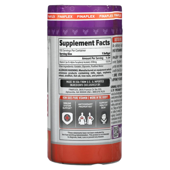 Finaflex, Чистый витамин E, 209 мг (400 МЕ), 100 мягких таблеток