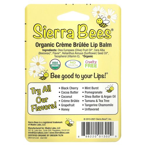 Sierra Bees, Органические бальзамы для губ, крем брюле, 4 в упаковке, по 4,25 г (0,15 унц.) каждый