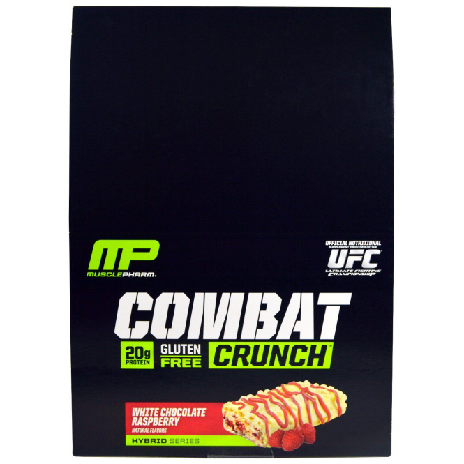 MusclePharm, Combat Crunch, Малина и белый шоколад, 12 батончиков, 2,22 унции (63 г) каждый