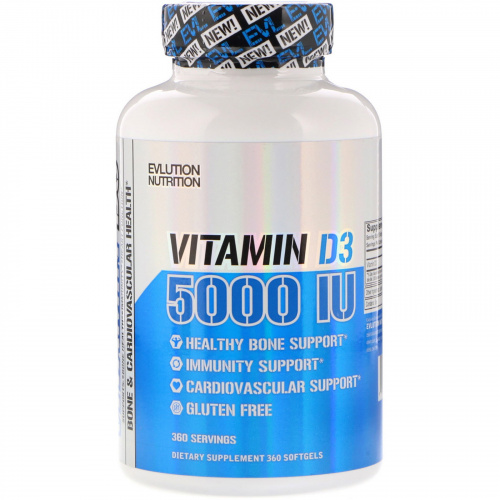 EVLution Nutrition, Витамин D3, 5000 МЕ, 360 мягких капсул