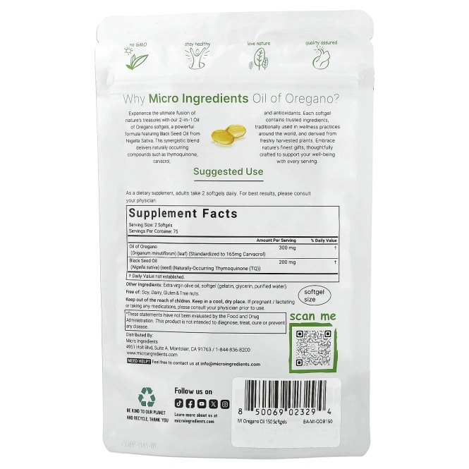 Micro Ingredients, масло орегано, 150 капсул