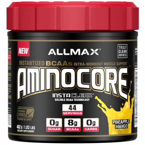 ALLMAX Nutrition, AMINOCORE, аминокислоты с разветвлённой цепью, 8 г аминокислот с разветвлённой цепью, 100% чистота, соотношение 45:30:25, без глютена, ананас и манго, 462 г