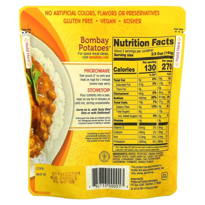 Tasty Bite, Indian Bombay Potatoes ™, средний вкус, 285 г (10 унций)