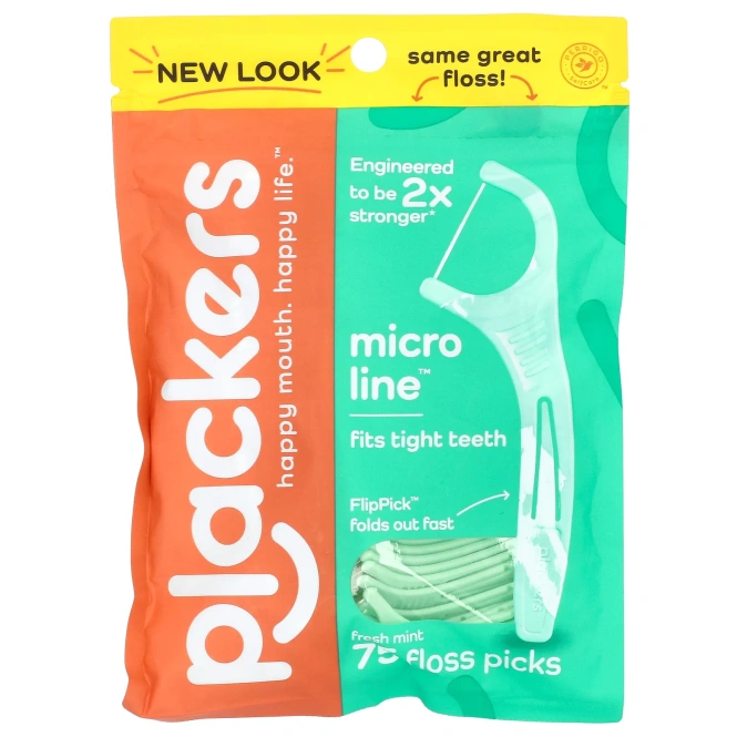 Plackers, Micro Mint, зубочистки с нитью, мята, 75 шт.