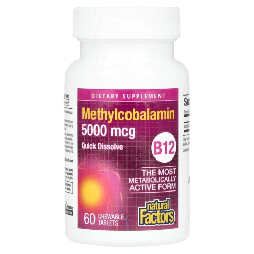 Natural Factors, B12, метилкобаламин, 5000 мкг, 60 жевательных таблеток
