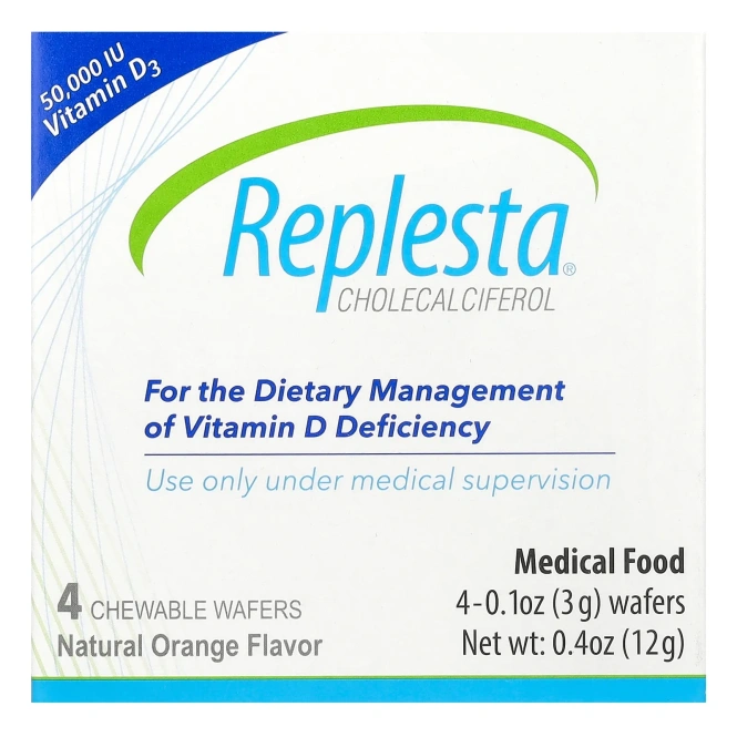 Replesta, Витамин D3, холекальциферол, с натуральным апельсином, 50000 МЕ, 4 жевательных пластинки