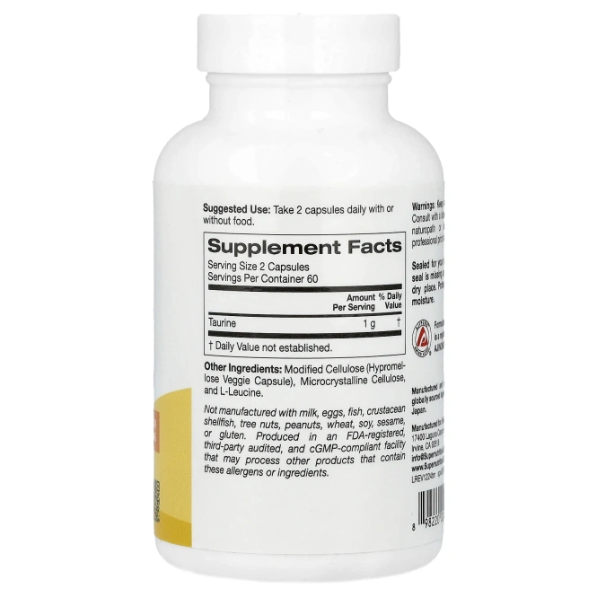 Super Nutrition, таурин, 120 растительных капсул (500 мг в 1 капсуле)
