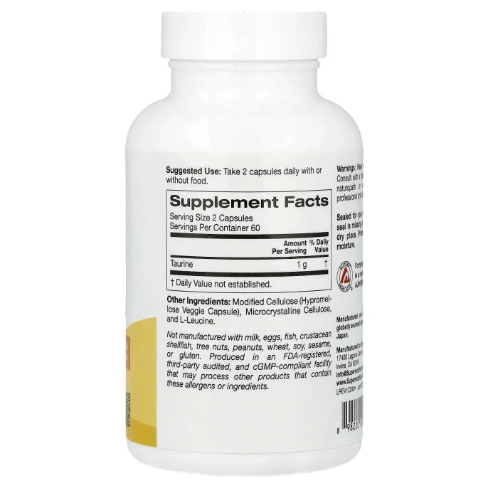 Super Nutrition, таурин, 120 растительных капсул (500 мг в 1 капсуле)