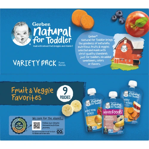 Gerber, экономичная упаковка, для детей от 12 месяцев, любимые фрукты и овощи, 9 пакетиков, 99 г (3,5 унции) в каждом