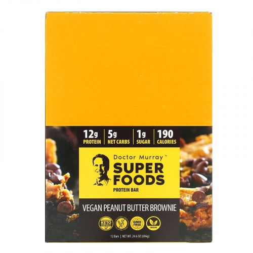 Dr. Murray's, Superfoods Protein Bars, Vegan Peanut Butter Brownie , 12 Bars, 2.05 oz (58 g) Each