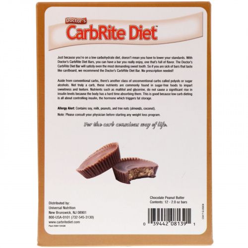 Universal Nutrition, Doctor's CarbRite Diet, Chocolate Peanut Butter, 12 Bars, 2.0 oz (56.7 g) Each