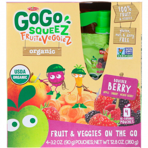 GoGo SqueeZ, Oрганические фрукты и овощи, Натуральные ягоды, 4 упаковки, 3,2 унц. (90 г) каждая