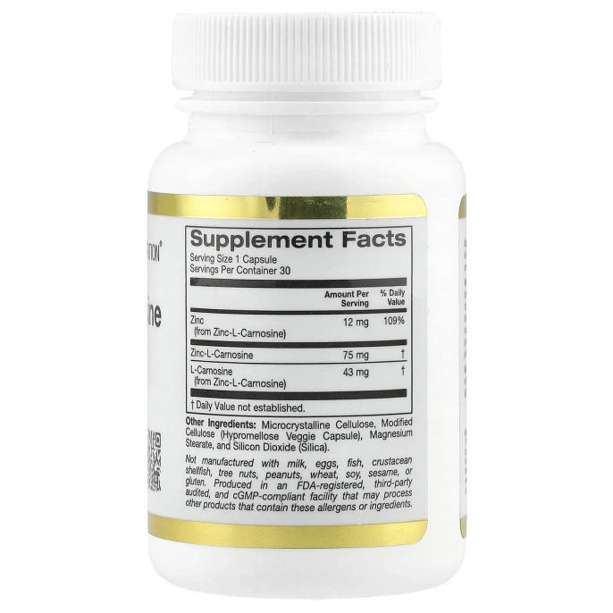 California Gold Nutrition, Цинк-L-карнозин, 30 растительных капсул