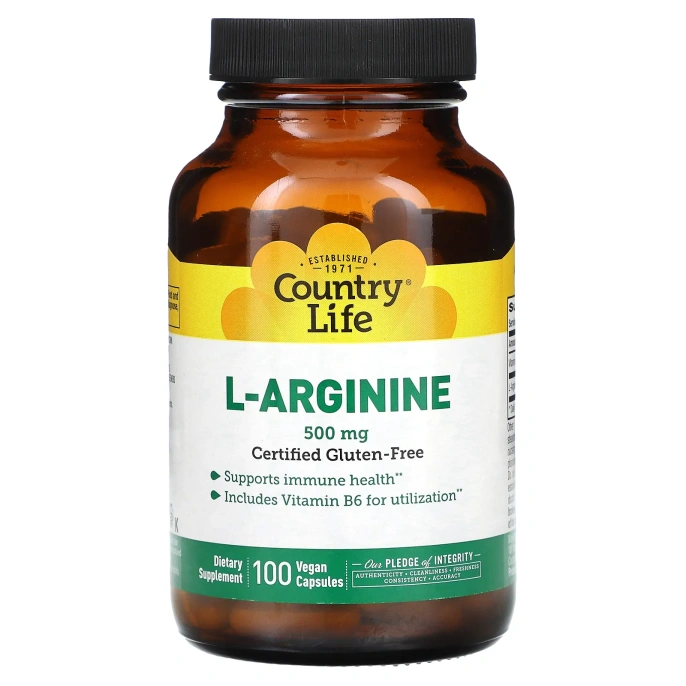 Country Life, L-аргинин в капсулах, 500 мг, 100 вегетарианских капсул