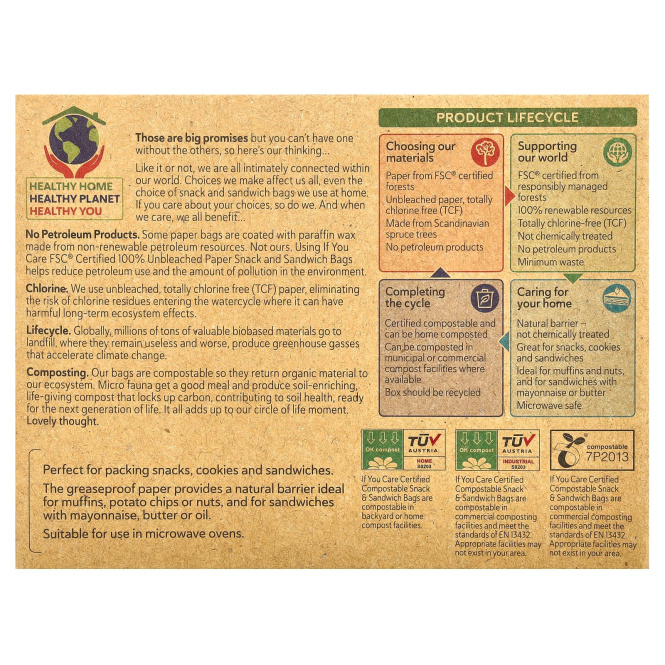 If You Care, Бумажные пакеты для снеков и сэндвичей, 48 пакетиков