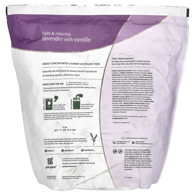 Grab Green, Капсулы со стиральным порошком 3-в-1, с ароматом лаванды, 132 стирки, 2376 г (5 фунтов, 4 унции)