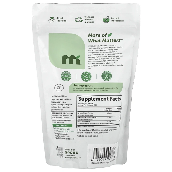 Micro Ingredients, гинкго билоба, женьшень обыкновенный, ежовик гребенчатый, 400 мягких таблеток