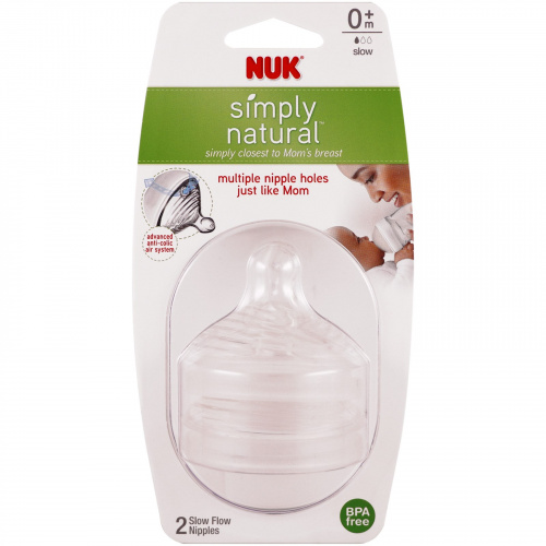 NUK, Simply Natural, соска с маленьким потоком, с 0 месяцев, 2 шт.