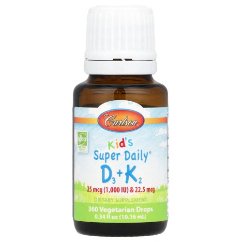 Carlson, Super Daily D3+K2 для детей, 25 мкг (1000 МЕ) и 22,5 мкг, 10,16 мл (0,34 жидк. унции)