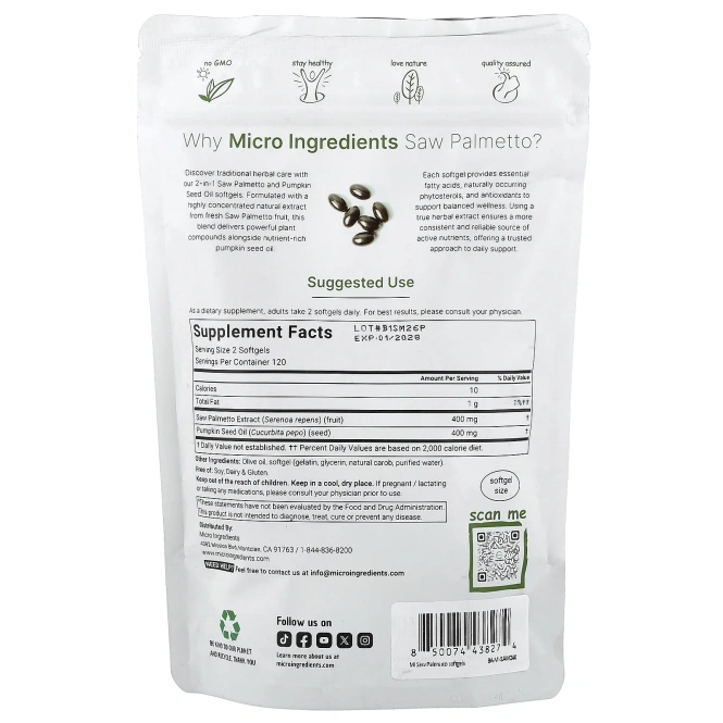 Micro Ingredients, сереноя с маслом семян тыквы, 240 капсул