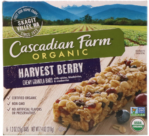 Cascadian Farm, Органические, жевательные батончики-гранола, урожай ягод, 6 батончиков, по 1,2 унции (35 г) каждый