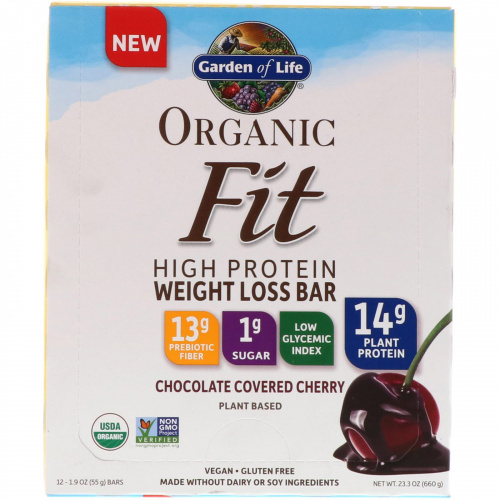 Garden of Life, Organic Fit, батончик для потери веса с высоким содержанием белка, вишня в шоколадной глазури, 12 батончиков, по 1,9 каждый