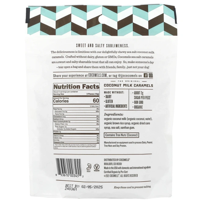 Cocomels, карамельные конфеты из кокосового молока, с морской солью, 99 г (3,5 унции)