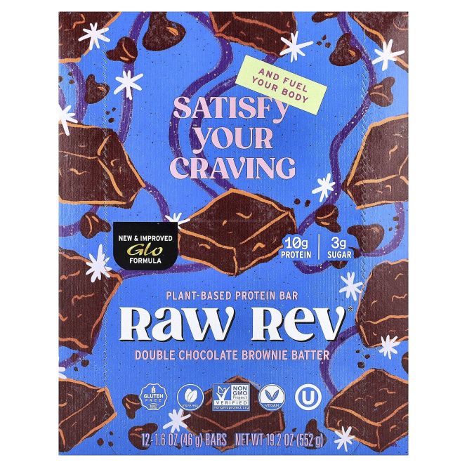 Raw Rev, Протеиновый батончик на растительной основе, двойное шоколадное тесто для брауни, 12 батончиков, 46 г (1,6 унции)