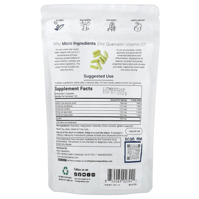 Micro Ingredients, цинк, кверцетин и витамин C, 240 капсул