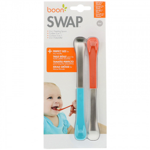 Boon, Swap, ложка для кормления 2-в-1, от 4 месяцев, синяя и оранжевая, 2 шт.