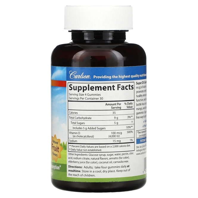Carlson Labs, Super D3 Gummies,  Natural Fruit Flavors, 100 mcg, 4000 МЕ, 120 Gummies