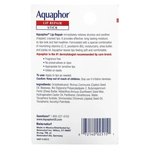 Aquaphor, Восстанавливающий бальзам для губ, помада, мгновенное восстановление, без запаха, 1 шт., 4,8 г (0,17 унции)