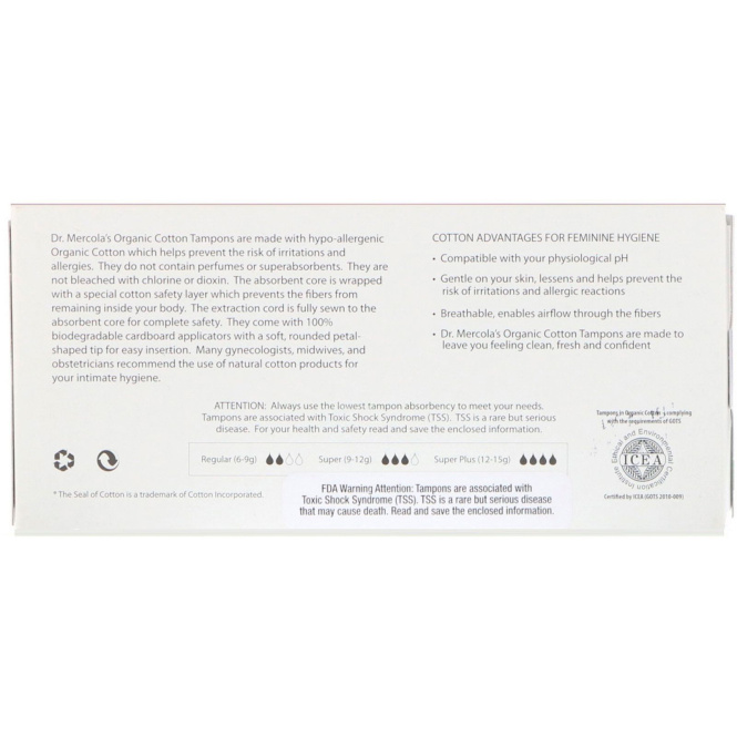 Dr. Mercola, Тампоны из органического хлопка, Супер, 14 тампонов