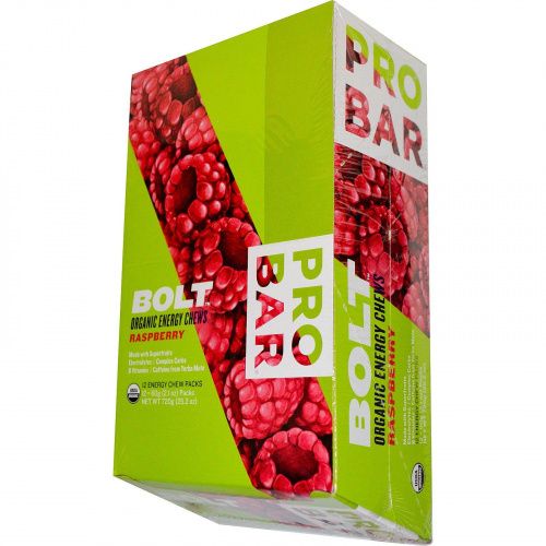Pro Bar, Bolt Organic Energy Chews, Raspberry with Caffeine, 12 Pouches, 10 Chews (2.1 oz each)