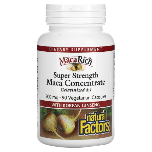 Natural Factors, Органическая мака MacaRich, супер сильная, мощная мака, с женьшенем, 500 мг, 90 растительных капсул