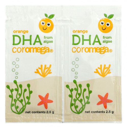 Coromega, Масло водорослей DHA, апельсин, 14 порционных пакетиков, по 2,5 г каждый