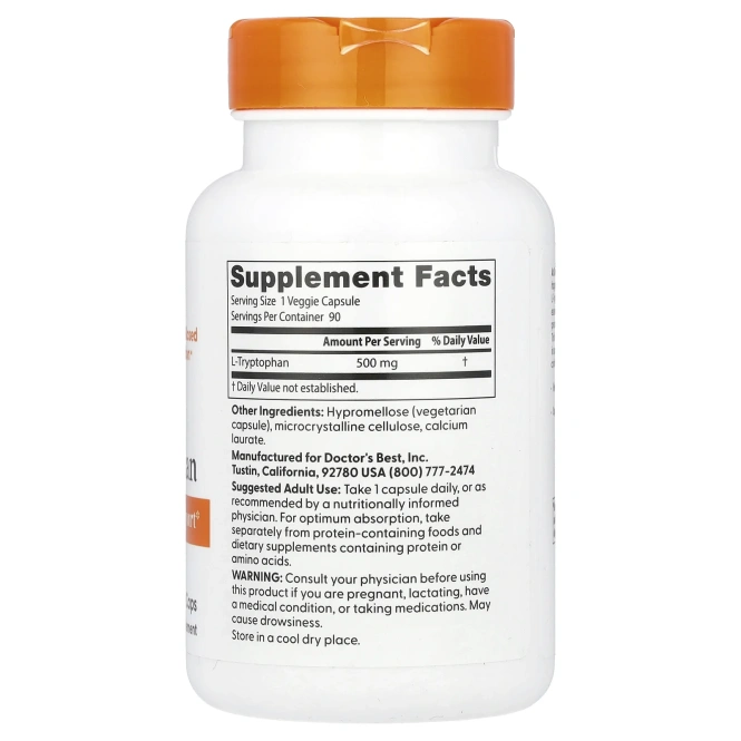 Doctor's Best, L-триптофан с TryptoPure, 500 мг, 90 растительных капсул