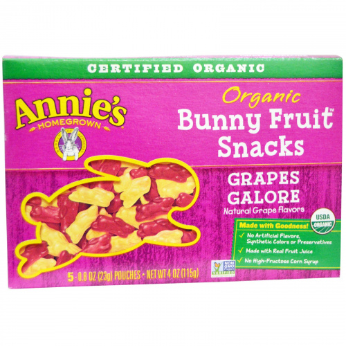 Annie's Homegrown, Органические фруктовые кролики, вкус виноградное изобилие, 5 пакетиков, 0,8 унций (23 г) каждый