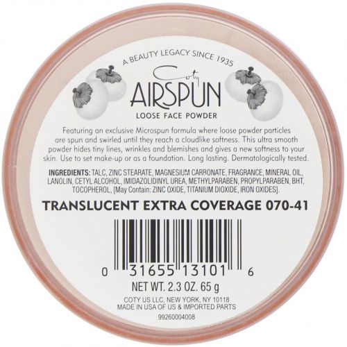 Airspun, Рассыпчатая пудра для лица, прозрачная c более плотным покрытием 070-41, 65 г (2,3 унции)