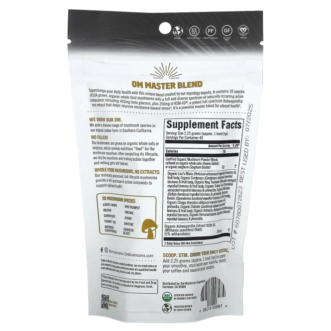 Om Mushrooms, Master Blend, сертифицированный порошок из органических грибов + растительные ингредиенты, 90 г (3,17 унции)