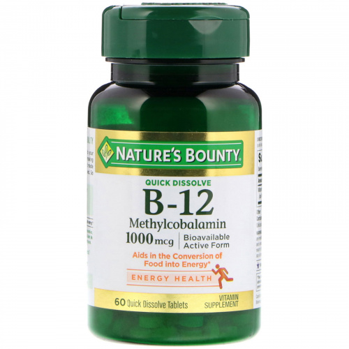 Nature's Bounty, B-12, натуральный вишневый вкус, 1000 мг, 60 быстрорастворимых таблеток