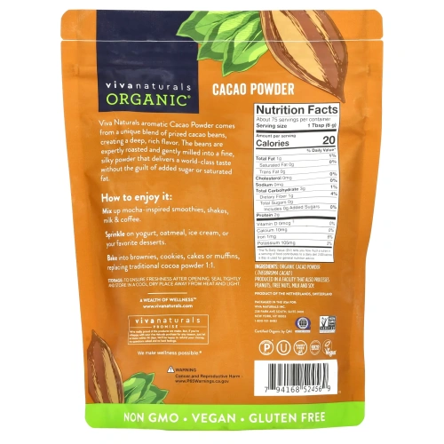 Viva Naturals, Органический порошок какао, 454 г (1 фунт)