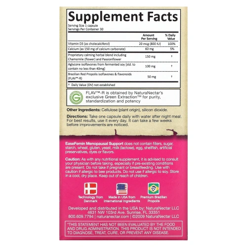 NaturaNectar, EaseFemin, поддержка при менопаузе, 30 растительных капсул