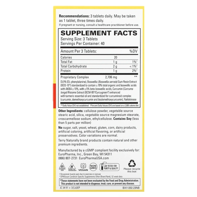 EuroPharma, Terry Naturally, Курамин, мощное обезболивание, 120 таблеток
