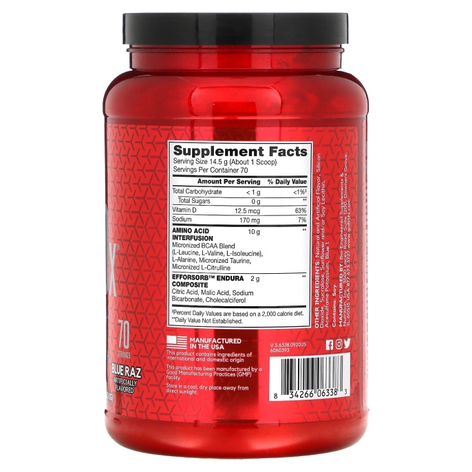 BSN, AminoX, формула с аминокислотами с разветвленной цепью, без кофеина, синяя малина, 2,24 фунта (1,01 кг)